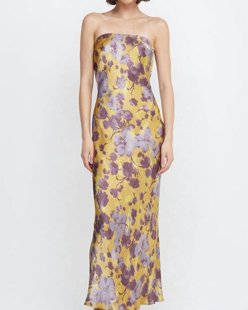 Front of a model wearing a size 10 Moondance Strapless Maxi Dress In Golden Violet in Golden Violet by BEC + BRIDGE. | dia_product_style_image_id:345497